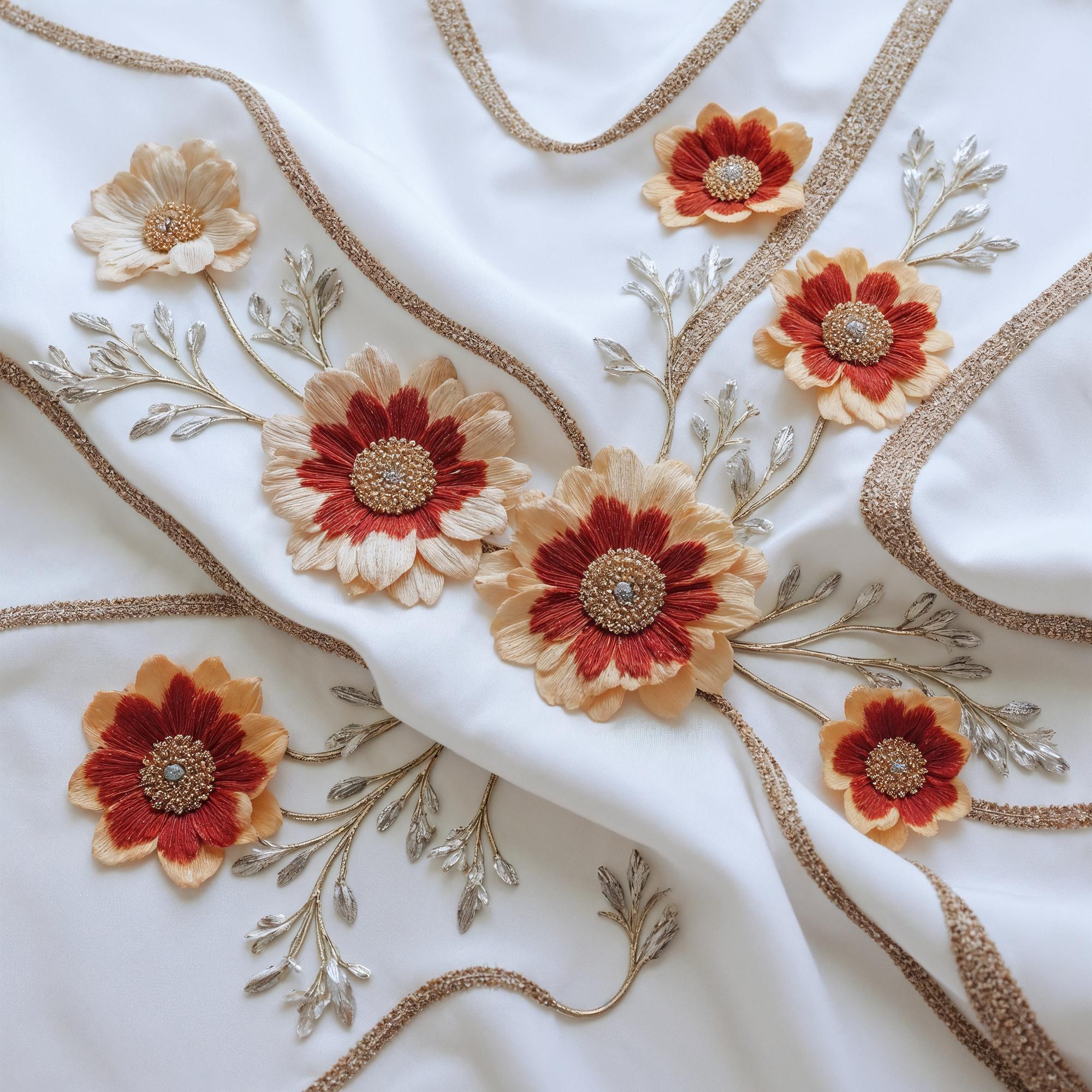 Close-up of embroidered floral patch on fabric